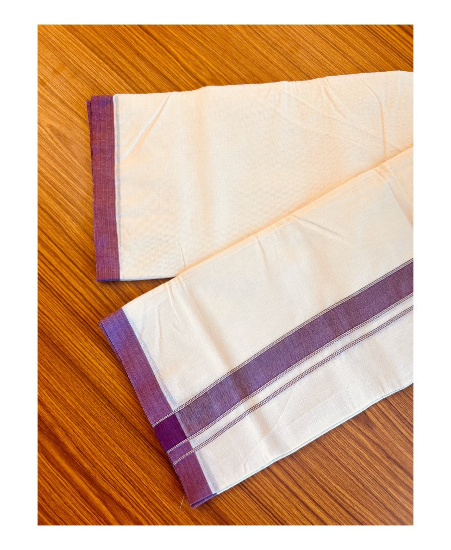 NEW !! 14% DISCOUNT!! KaithariKada Balaramapuram 100% Cotton Double Off white Mundu/Dhoti-100x80 -  1 inch PURPLE ,VIOLET KARA.