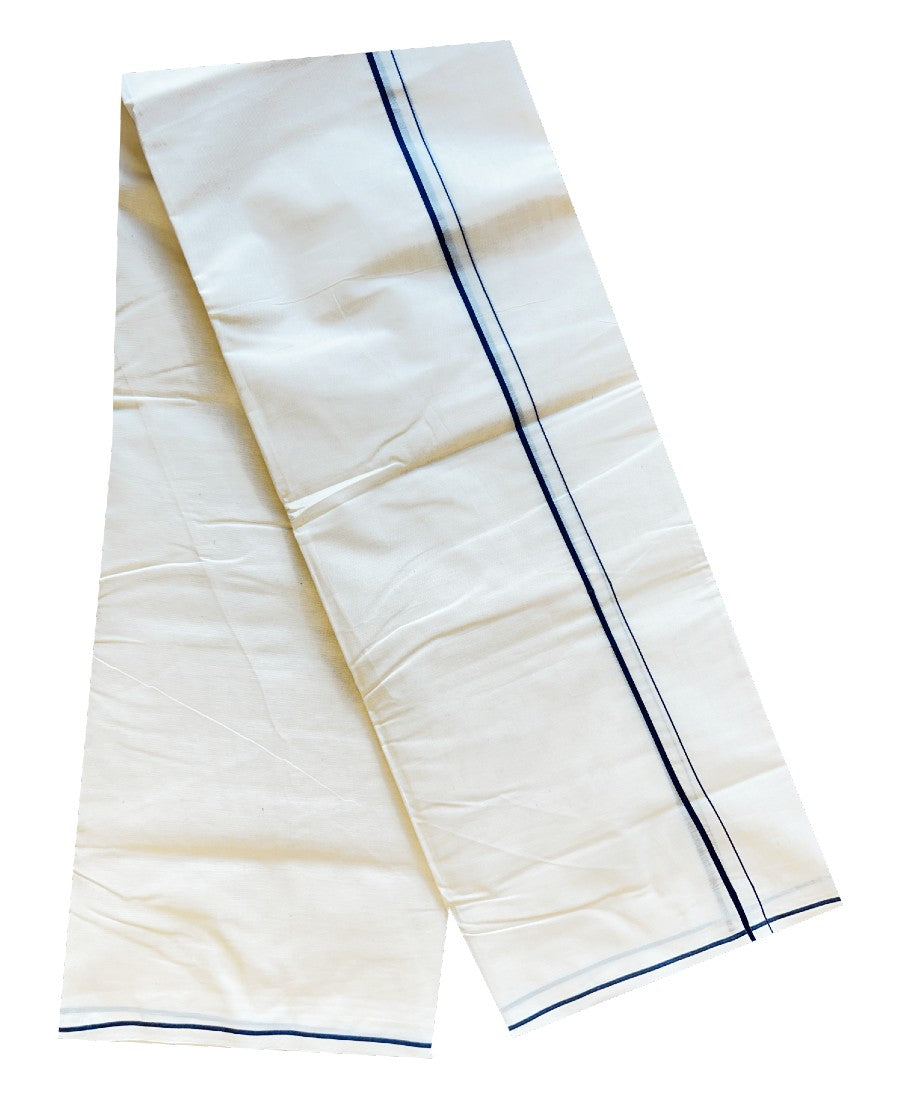 19% DISCOUNT! KaithariKada Balaramapuram 100% Cotton Double Off white - (Unbleached) Mundu/Dhoti-100x100 0.5 cm  NAVY BLUE  Thin Kara- KAI31002.