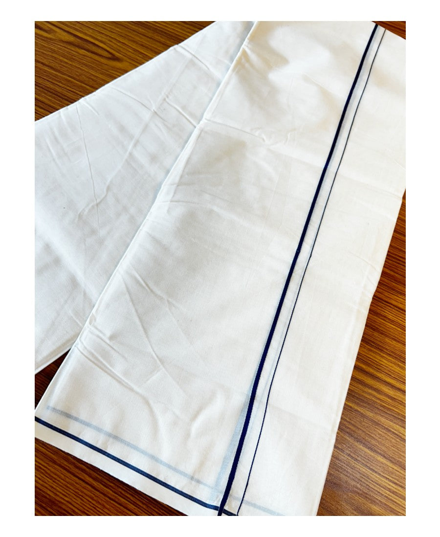 19% DISCOUNT! KaithariKada Balaramapuram 100% Cotton Double Off white - (Unbleached) Mundu/Dhoti-100x100 0.5 cm  NAVY BLUE  Thin Kara- KAI31002.