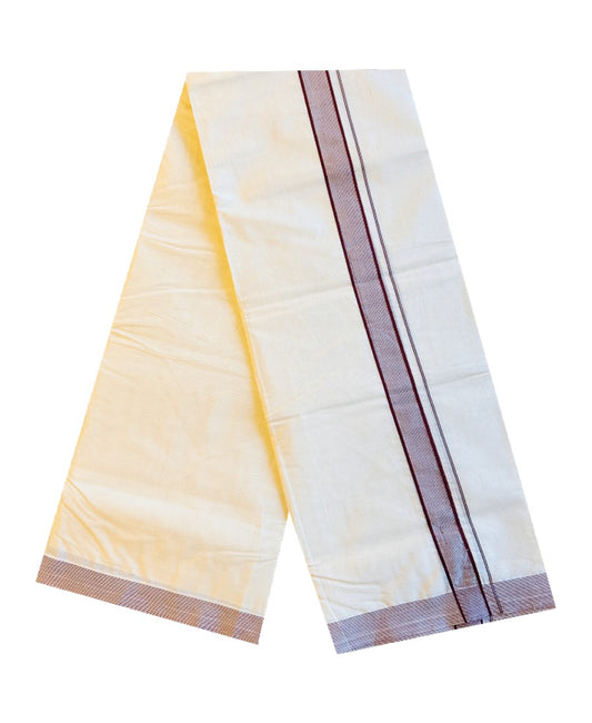 22% DISCOUNT! KaithariKada Balaramapuram 100% Cotton Double Off white - (Unbleached) Mundu/Dhoti-100x100 MAROON 1inch Stripes Kara.