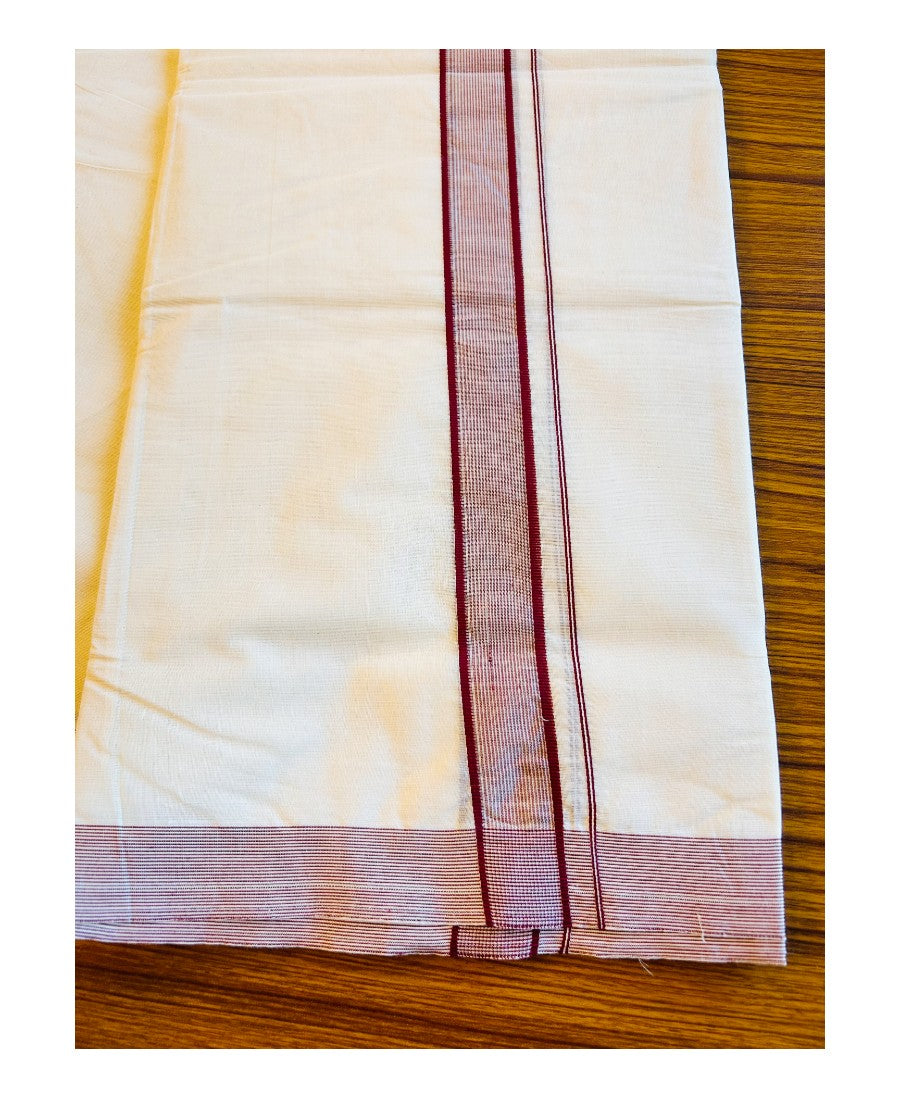 22% DISCOUNT! KaithariKada Balaramapuram 100% Cotton Double Off white - (Unbleached) Mundu/Dhoti-100x100 MAROON 1inch Stripes Kara.