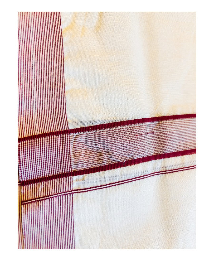 22% DISCOUNT! KaithariKada Balaramapuram 100% Cotton Double Off white - (Unbleached) Mundu/Dhoti-100x100 MAROON 1inch Stripes Kara.