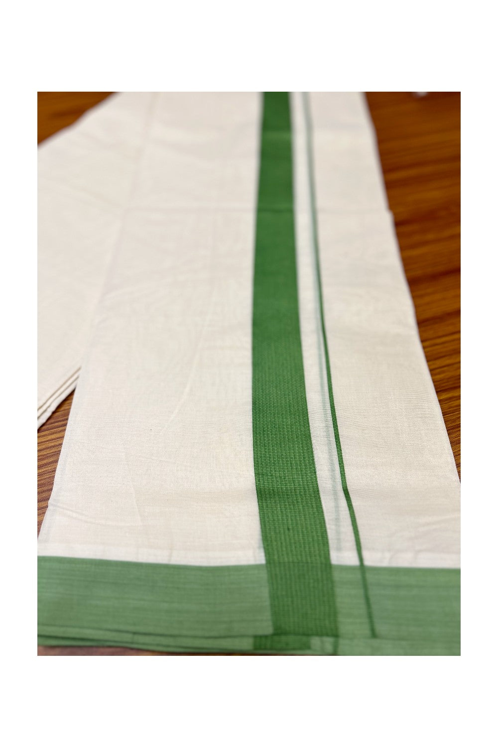 KaithariKada Balaramapuram 100% Cotton Double Off white Mundu/Dhoti-100x100 1. inch  Green Kara- 1