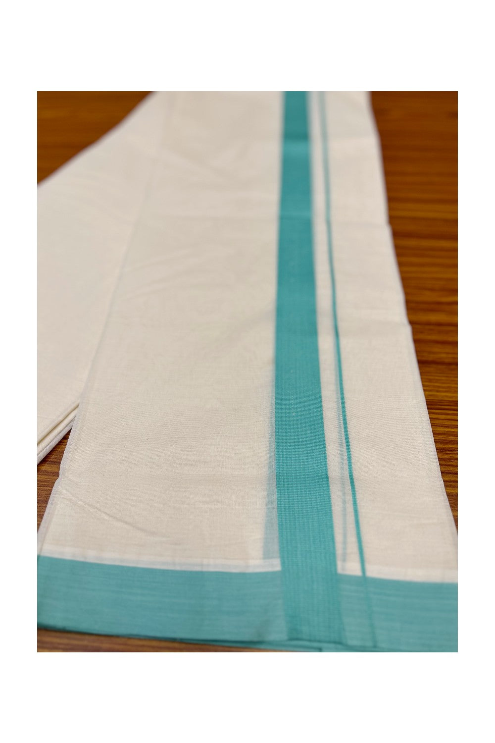 15% Discount KaithariKada Balaramapuram 100% Cotton Double Off white Mundu/Dhoti-100x100 2 inch Turquoise Blue Kara-2