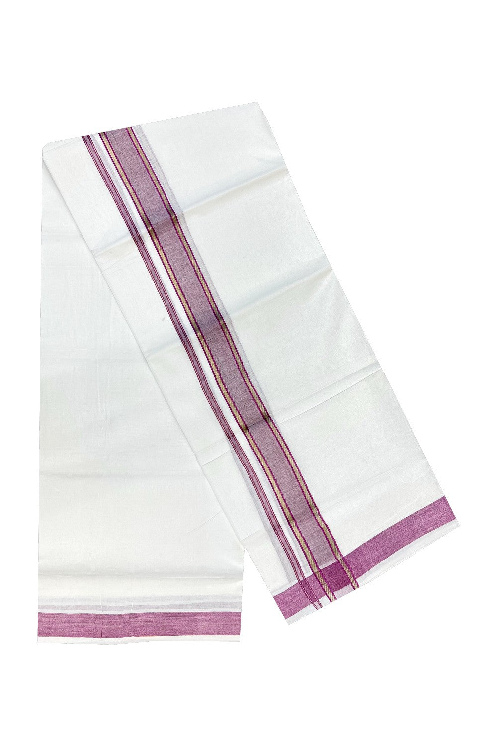 15% Discount! KaithariKada  1.inch HANDLOOM Kuthampully 100% Cotton PURE WHITE Double Mundu/Dhoti-100x100 2.25inch Violet Kara- 44