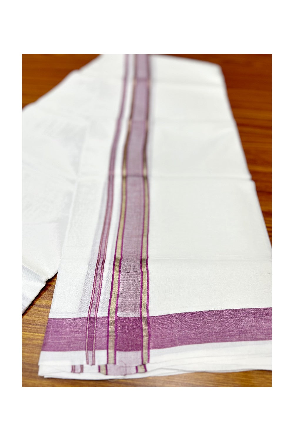 15% Discount! KaithariKada  1.inch HANDLOOM Kuthampully 100% Cotton PURE WHITE Double Mundu/Dhoti-100x100 2.25inch Violet Kara- 44