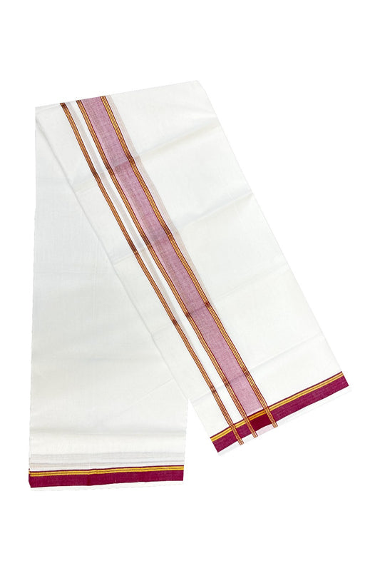 15% Discount! KaithariKada HANDLOOM Kuthampully 100% Cotton PURE WHITE Double Mundu/Dhoti-100x100 2.75inch Violet & Kasavu Kara- Onam Collection-45