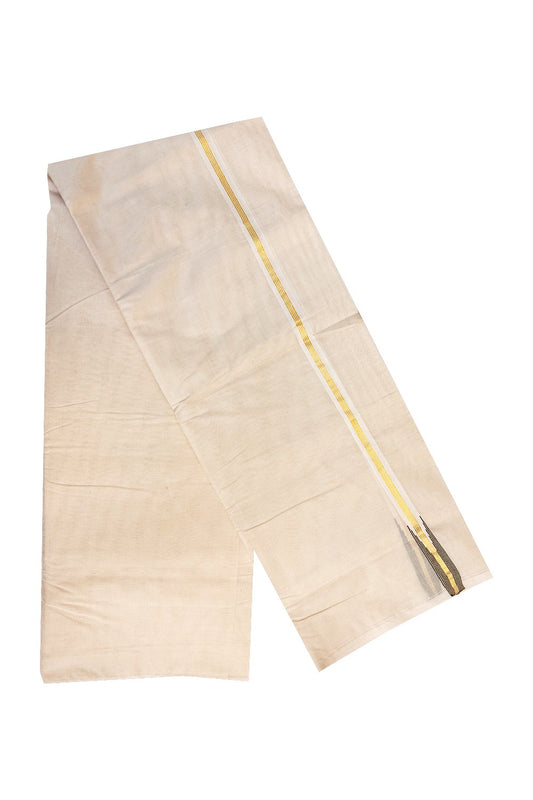 19% DISCOUNT! KaithariKada Balaramapuram 100% Cotton Double Off white Mundu/Dhoti-100x100  1.5 cm Chutty Puliyilakkara Muthukuri Kasavu & SAGE Green Kara-52