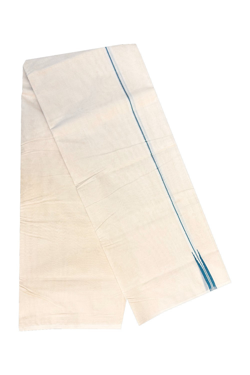 23% DISCOUNT! KaithariKada Balaramapuram 100% Cotton Double Off white Mundu/Dhoti-100x100 1.5cm  Chutty Puliyilakkara Muthukuri Silver Kasavu & Peacock Blue Kara-62