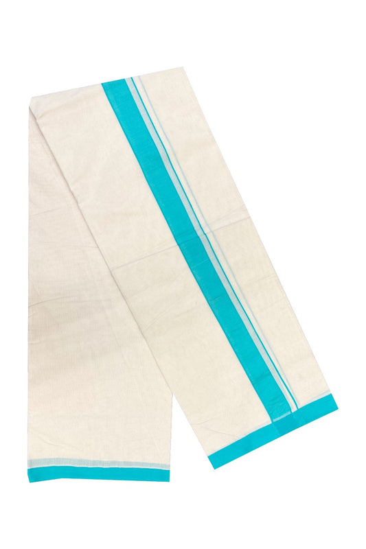 10% Discount! KaithariKada Balaramapuram 100% Cotton Double Off white Mundu/Dhoti-100x100 1.75 inch  Turquoise Green Blue Kara- 72