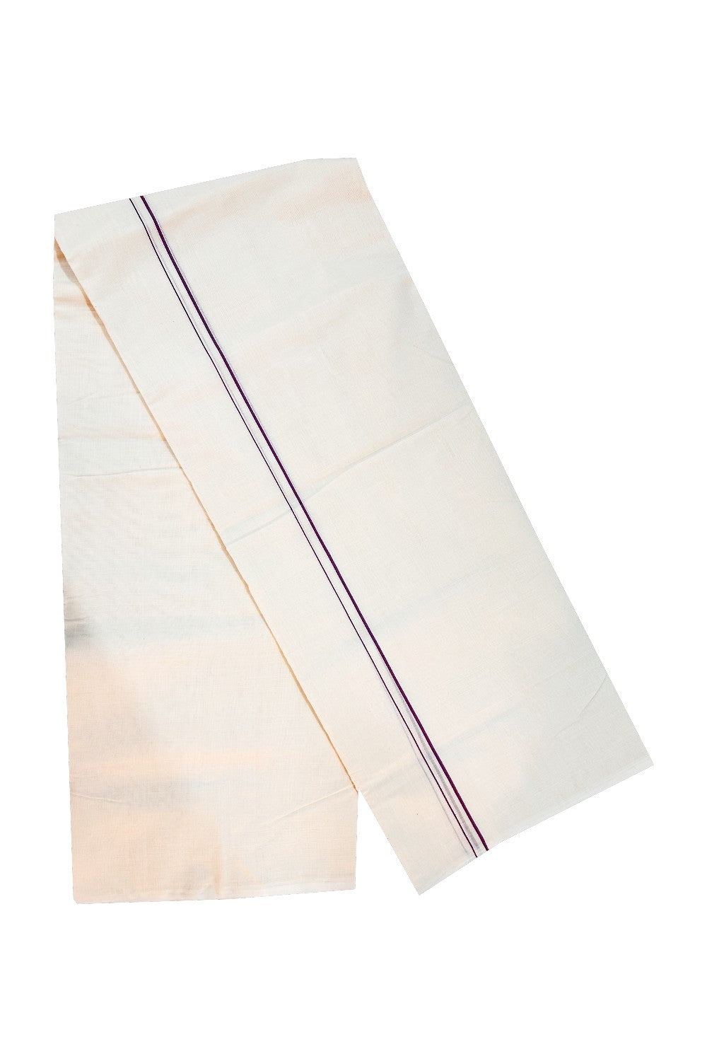 15% DISCOUNT! KaithariKada HANDLOOM Millpaav Balaramapuram - 100% PURE Cotton Off White Double (Unbleached) Mundu/Dhoti - 1cm Violet Erkkilkara-85