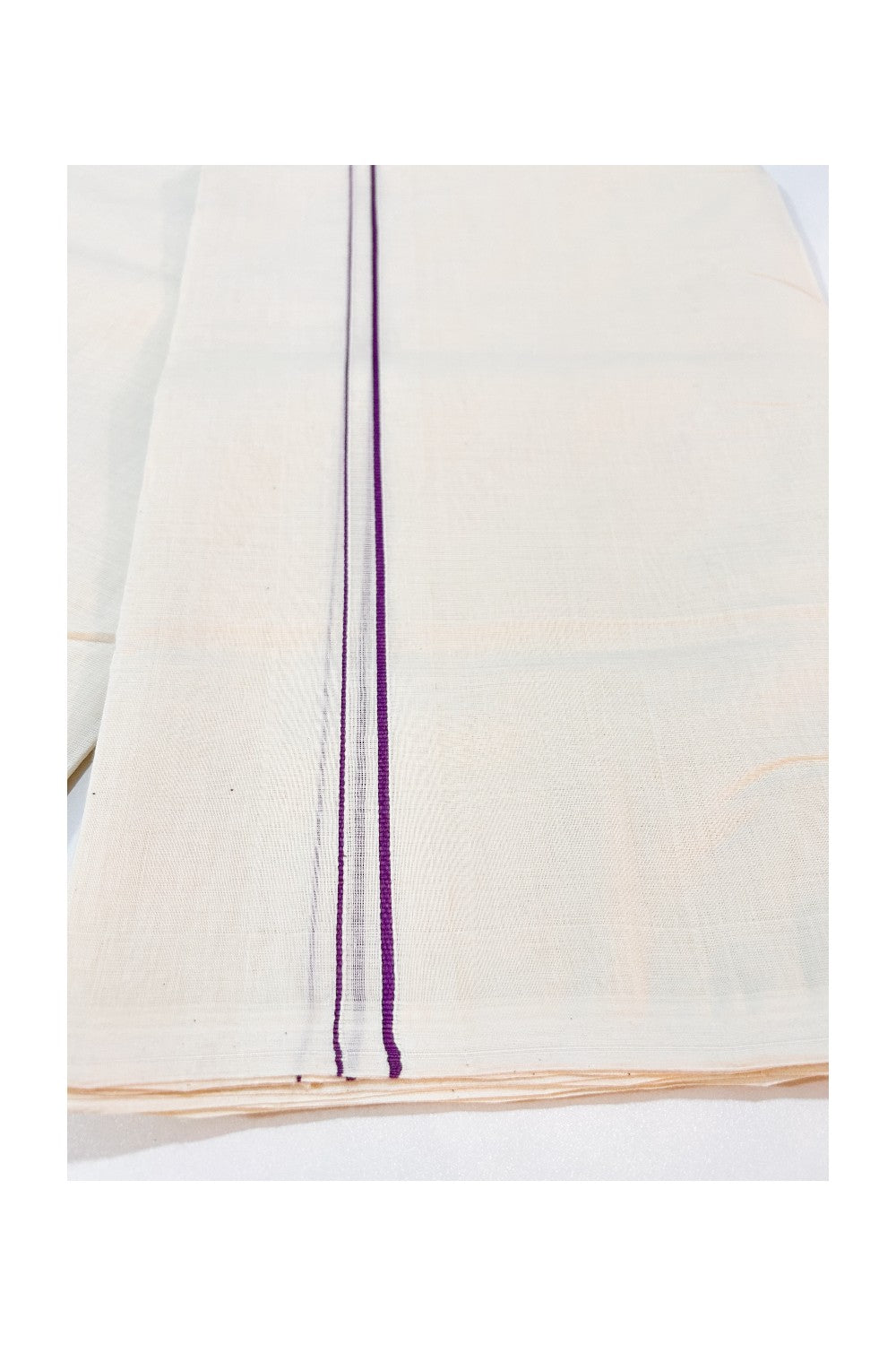 15% DISCOUNT! KaithariKada HANDLOOM Millpaav Balaramapuram - 100% PURE Cotton Off White Double (Unbleached) Mundu/Dhoti - 1cm Violet Erkkilkara-85