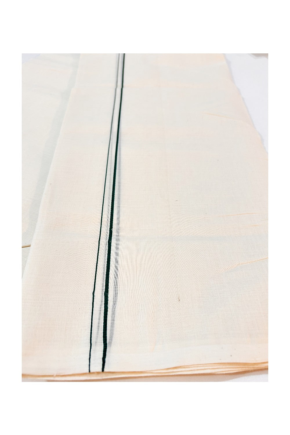 15% DISCOUNT! KaithariKada HANDLOOM Millpaav Balaramapuram - 100% PURE Cotton Off White Double (Unbleached) Mundu/Dhoti - 1cm Dark Green Erkkilkara-87