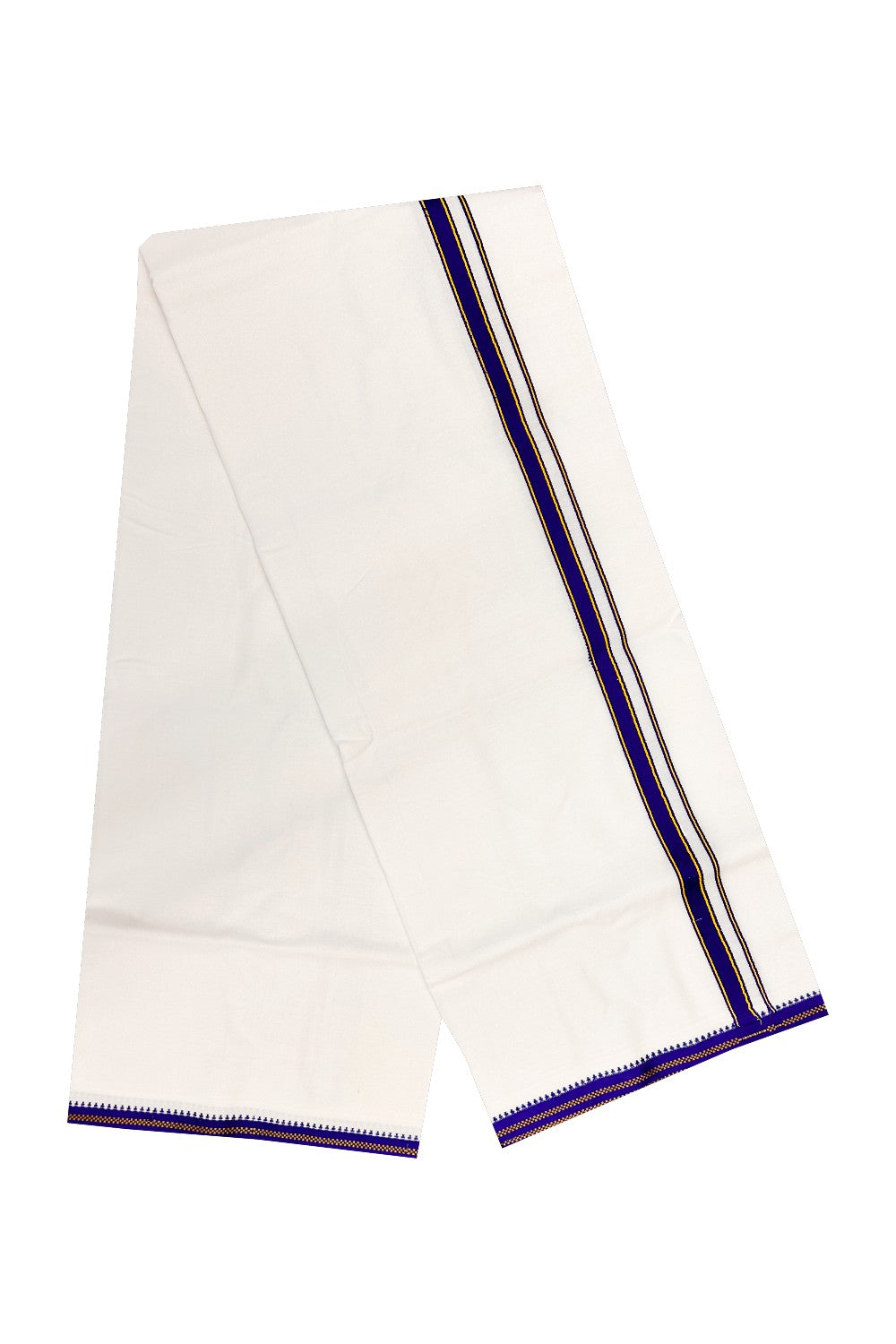 5% DISCOUNT! KaithariKada 100% Cotton Ultra WHITE Double Mundu/Dhoti-40s Thread  3 cm KUPPADAM model Navy Blue Kara-94