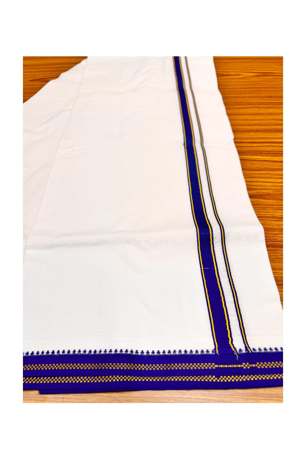 5% DISCOUNT! KaithariKada 100% Cotton Ultra WHITE Double Mundu/Dhoti-40s Thread  3 cm KUPPADAM model Navy Blue Kara-94