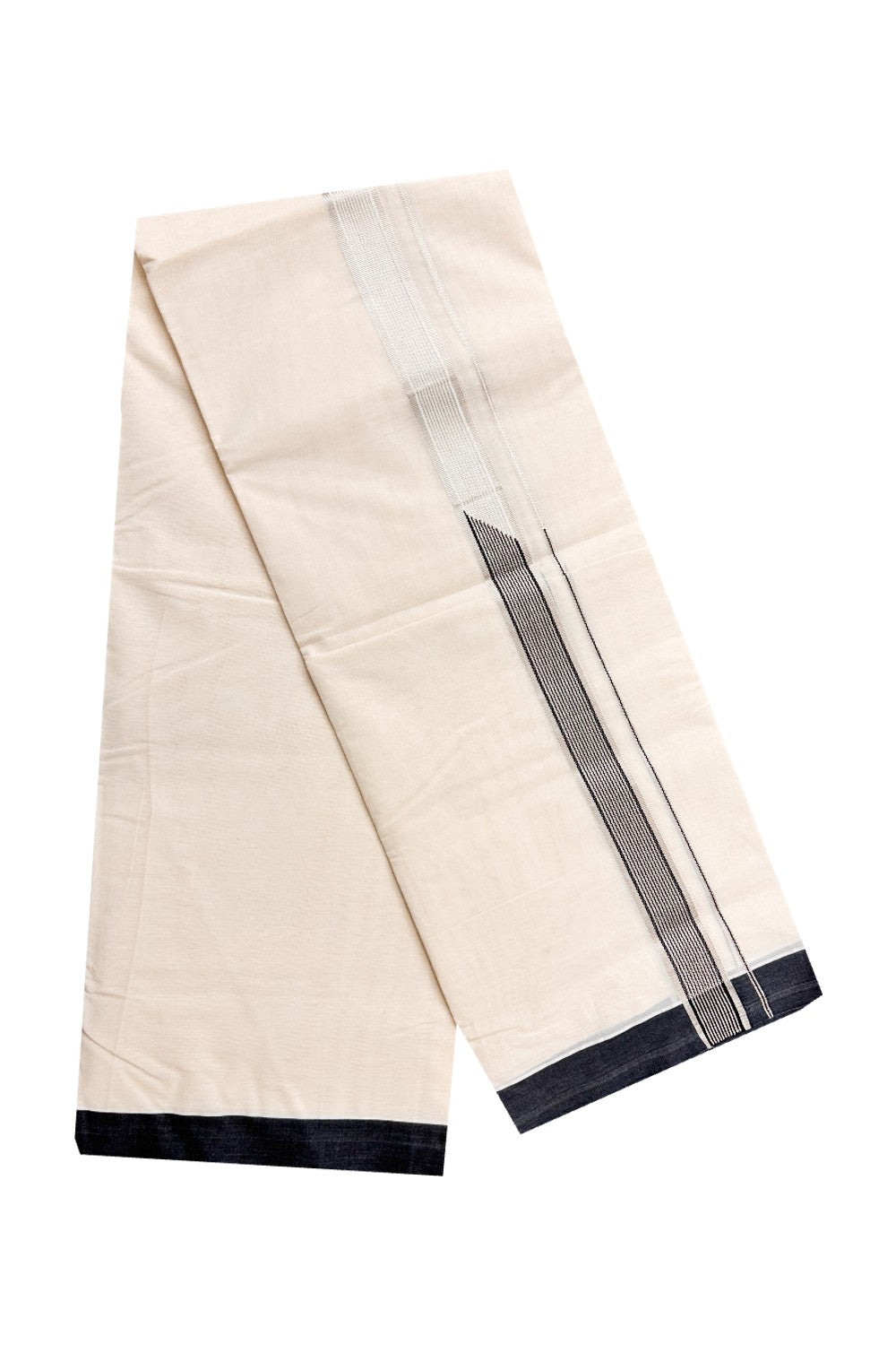 10% DISCOUNT! KaithariKada Balaramapuram 100% Cotton Double Off white - (Unbleached) - Mundu/Dhoti-100x100 - 1.75  inch Heavy Chutty Kuri Puliyilakkara Black & Silver Kasavu Kara - 42