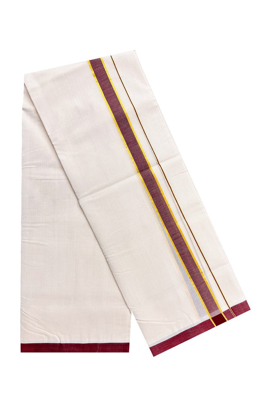 15% DISCOUNT! KaithariKada BALARAMAPURAM HANDLOOM UNAKKUPAAV - 100% PURE Cotton off white (Unbleached) Double Mundu/Dhoti -  2inch Kasavu & Maroon Kara-45