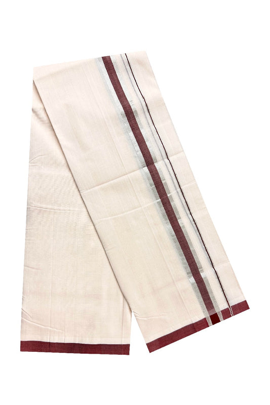 15% DISCOUNT! KaithariKada BALARAMAPURAM HANDLOOM UNAKKUPAAV - 100% PURE Cotton off white (Unbleached) Double Mundu/Dhoti - 2.25 inch Silver Kasavu & Maroon Kara-46