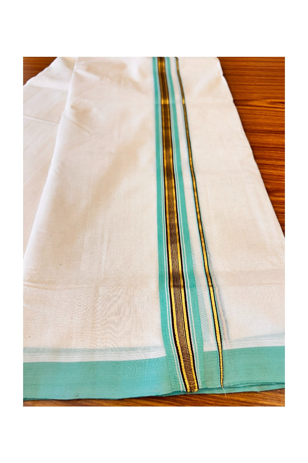 15% DISCOUNT! KaithariKada BALARAMAPURAM HANDLOOM UNAKKUPAAV - 1.75inch 100% PURE Cotton Double Mundu/Dhoti - Kasavu & Turquoise Green Stripes Kara-66