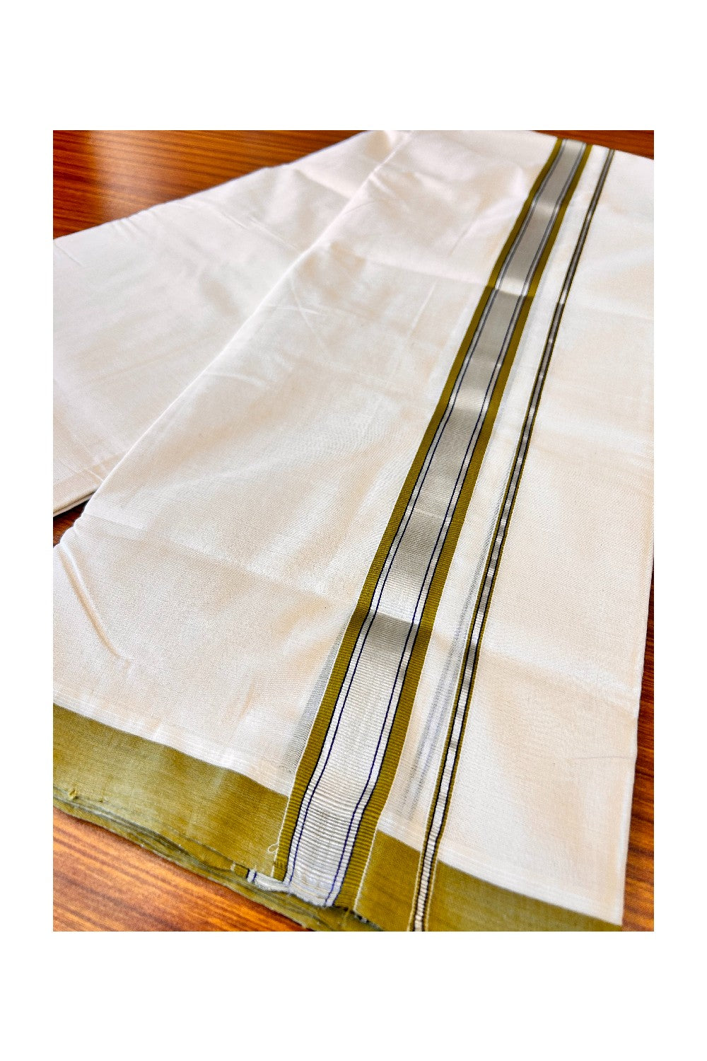 15% DISCOUNT! KaithariKada BALARAMAPURAM HANDLOOM UNAKKUPAAV - 100% PURE Cotton Double Mundu/Dhoti -  2.inch Silver Kasavu & Sage Green Kara-80