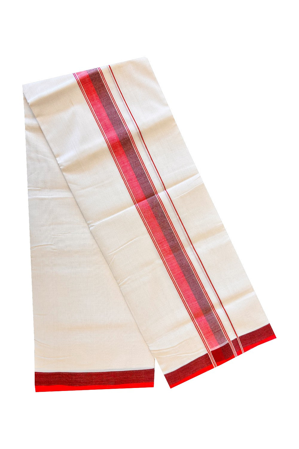 15% DISCOUNT! KaithariKada BALARAMAPURAM HANDLOOM UNAKKUPAAV - 100% PURE Cotton Double Mundu/Dhoti - 2.75 inch Silver Kasavu & Red Maroon Kara-82