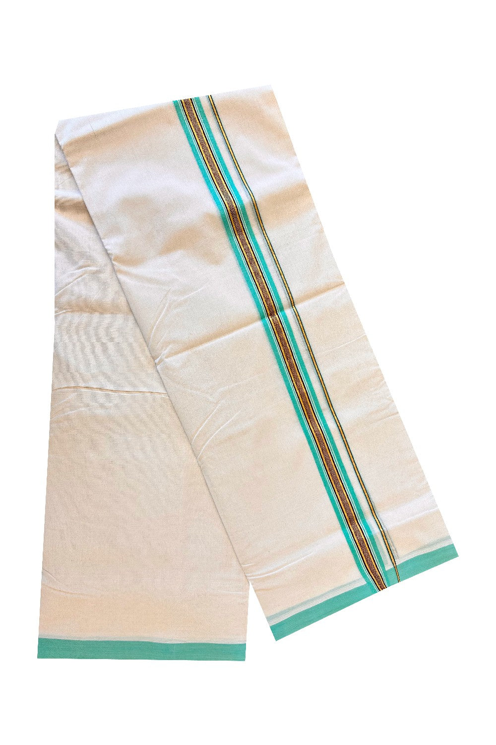 15% DISCOUNT! KaithariKada BALARAMAPURAM HANDLOOM UNAKKUPAAV - 1.75inch 100% PURE Cotton Double Mundu/Dhoti - Kasavu & Turquoise Green Stripes Kara-66