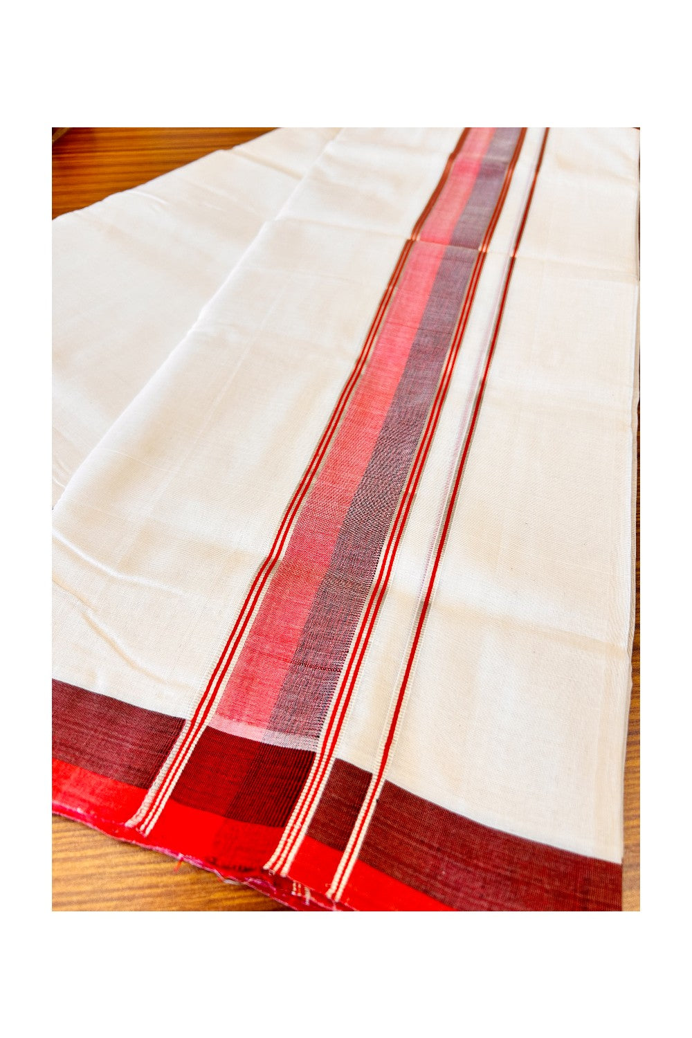 15% DISCOUNT! KaithariKada BALARAMAPURAM HANDLOOM UNAKKUPAAV - 100% PURE Cotton Double Mundu/Dhoti - 2.75 inch Silver Kasavu & Red Maroon Kara-82