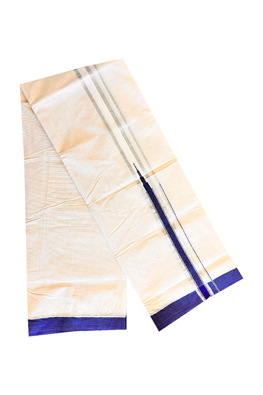 15% DISCOUNT! KaithariKada Balaramapuram 100% Cotton Double Off white - (Unbleached) - Mundu/Dhoti-100x100 - 1.5 inch Chutty Heavy Designer NAVY BLUE & SILVER Kasavu Kara - 41