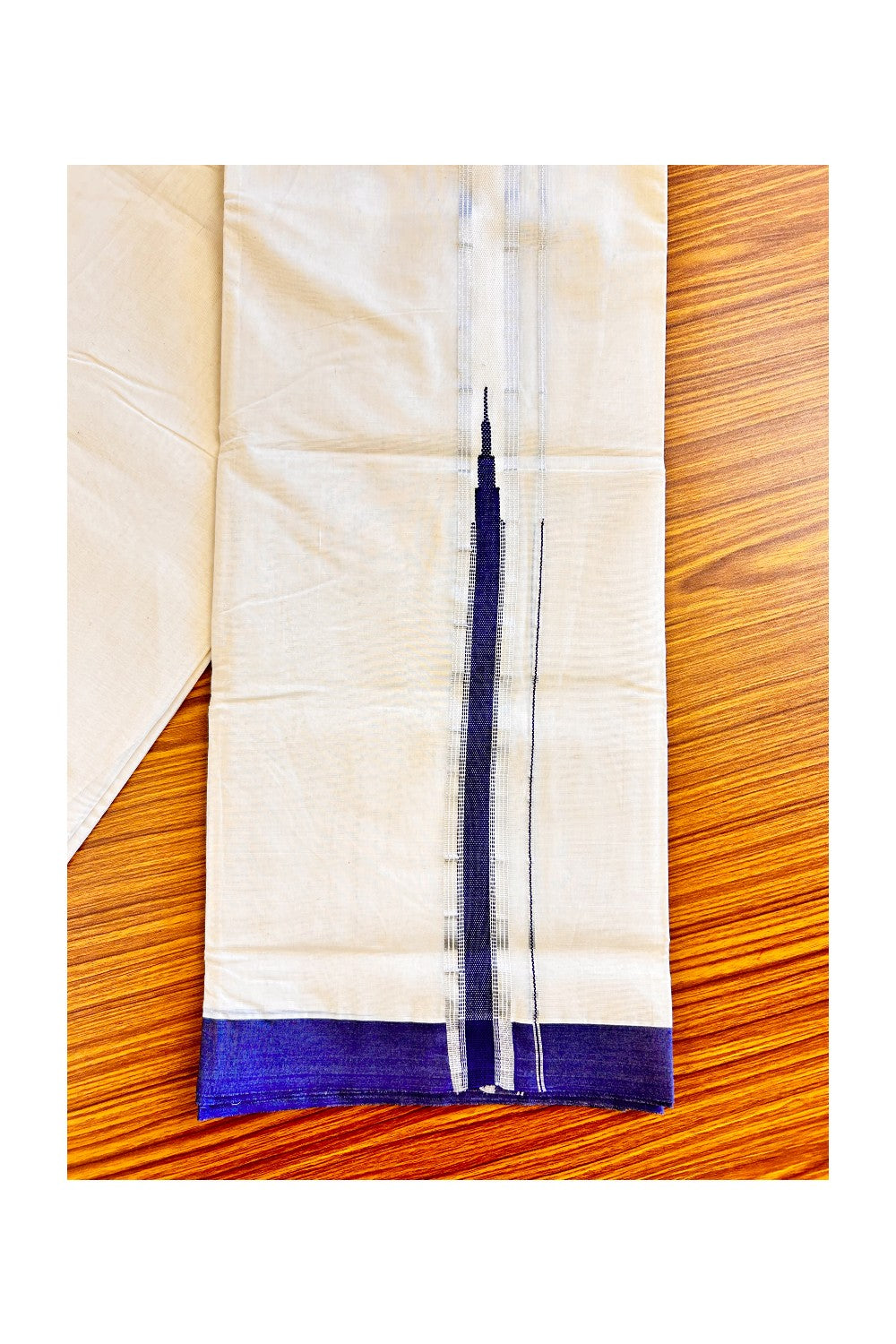 15% DISCOUNT! KaithariKada Balaramapuram 100% Cotton Double Off white Mundu/Dhoti-100x100 1.5  inch Chutty Heavy Designer NAVY BLUE & SILVER Kasavu Kara-41