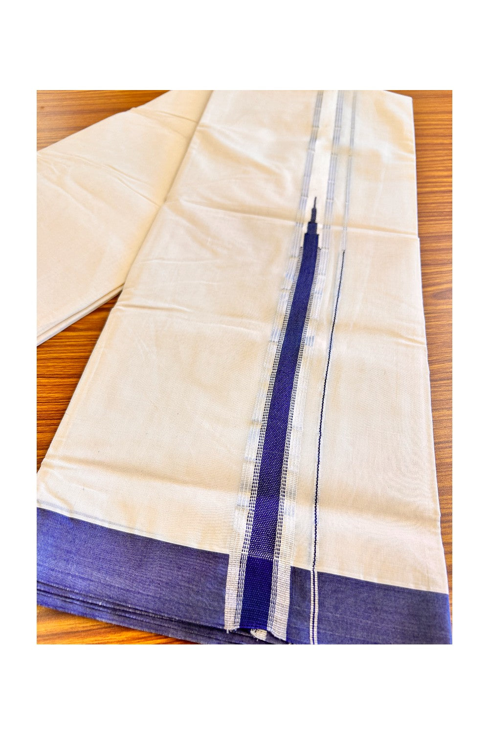 15% DISCOUNT! KaithariKada Balaramapuram 100% Cotton Double Off white Mundu/Dhoti-100x100 1.5  inch Chutty Heavy Designer NAVY BLUE & SILVER Kasavu Kara-41