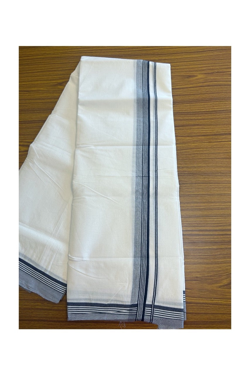 MERCERISED Cotton by KaithariKada ORIGINALS! 32% Discount!! 100% Mercerised Cotton PURE WHITE THREAD Double Mundu / Dhoti - 100s thread - 2 inch Black Striped & Shaded kara - 3KK9999YAR