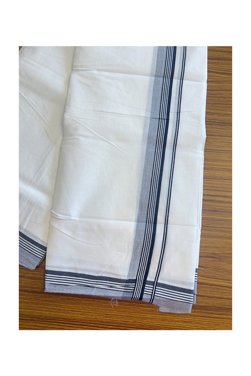 MERCERISED Cotton by KaithariKada ORIGINALS! 32% Discount!! 100% Mercerised Cotton PURE WHITE THREAD Double Mundu / Dhoti - 100s thread - 2 inch Black Striped & Shaded kara - 3KK9999YAR