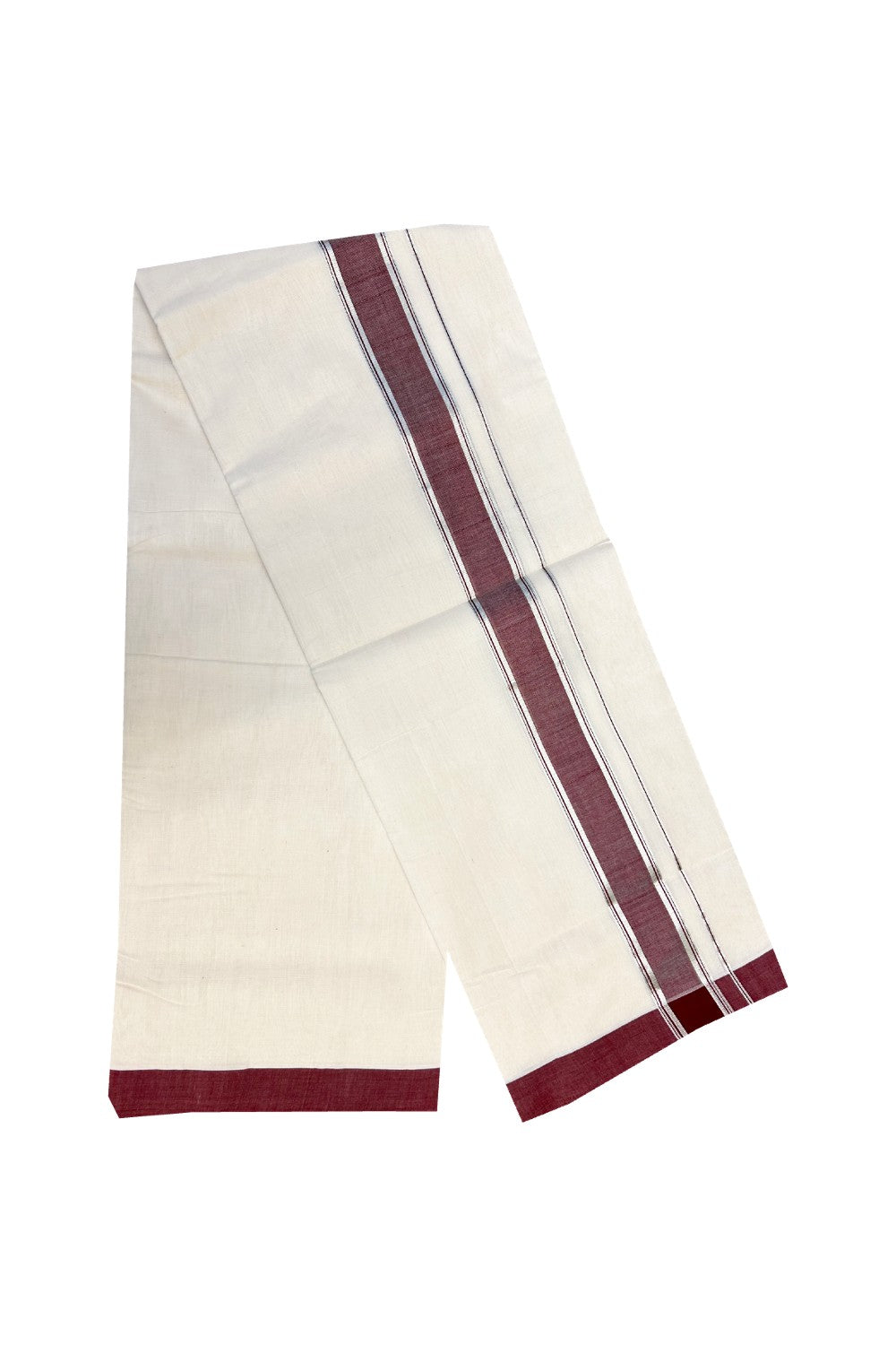 21% Discount KaithariKada HANDLOOM UNAKKUPAAV Balaramapuram - 100% PURE Cotton off white (Unbleached) Double Mundu/Dhoti - 2.5 inch  Deep Vine Red & Silver Kara-101