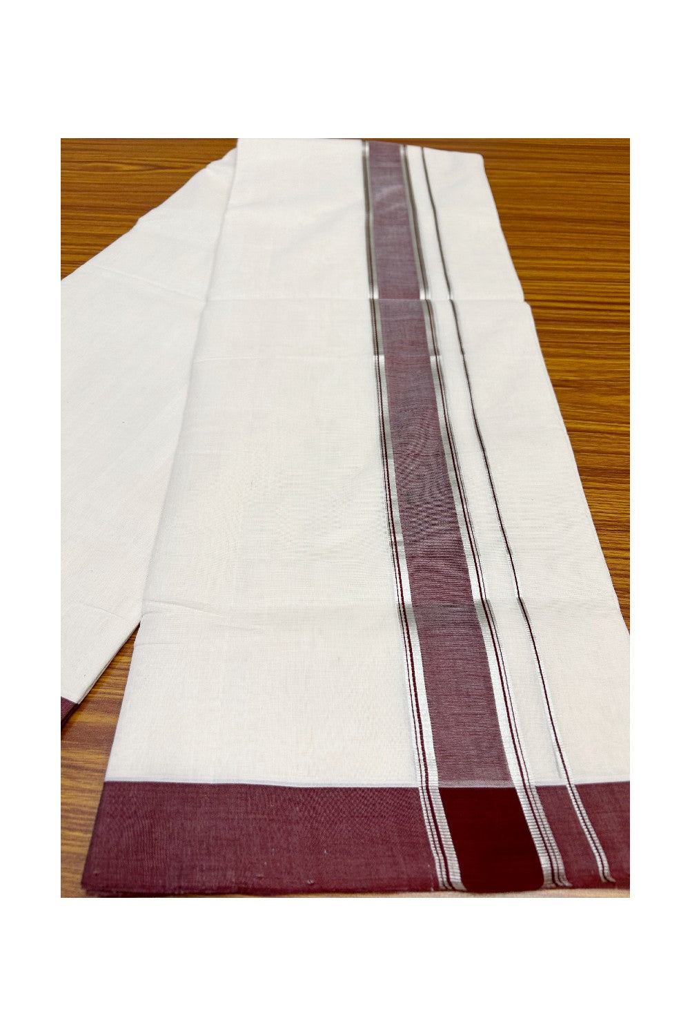 21% Discount KaithariKada HANDLOOM UNAKKUPAAV Balaramapuram - 100% PURE Cotton off white (Unbleached) Double Mundu/Dhoti - 2.5 inch  Deep Vine Red & Silver Kara-101