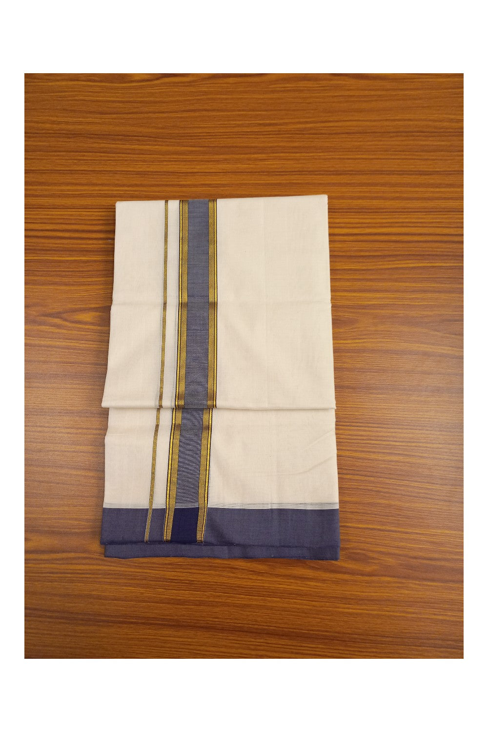 21% Discount KaithariKada HANDLOOM Unakkupaav Balaramapuram - 100% PURE Cotton Double Mundu/Dhoti - 2.5 inch  Kasavu Stripes & Navy Blue kara-163