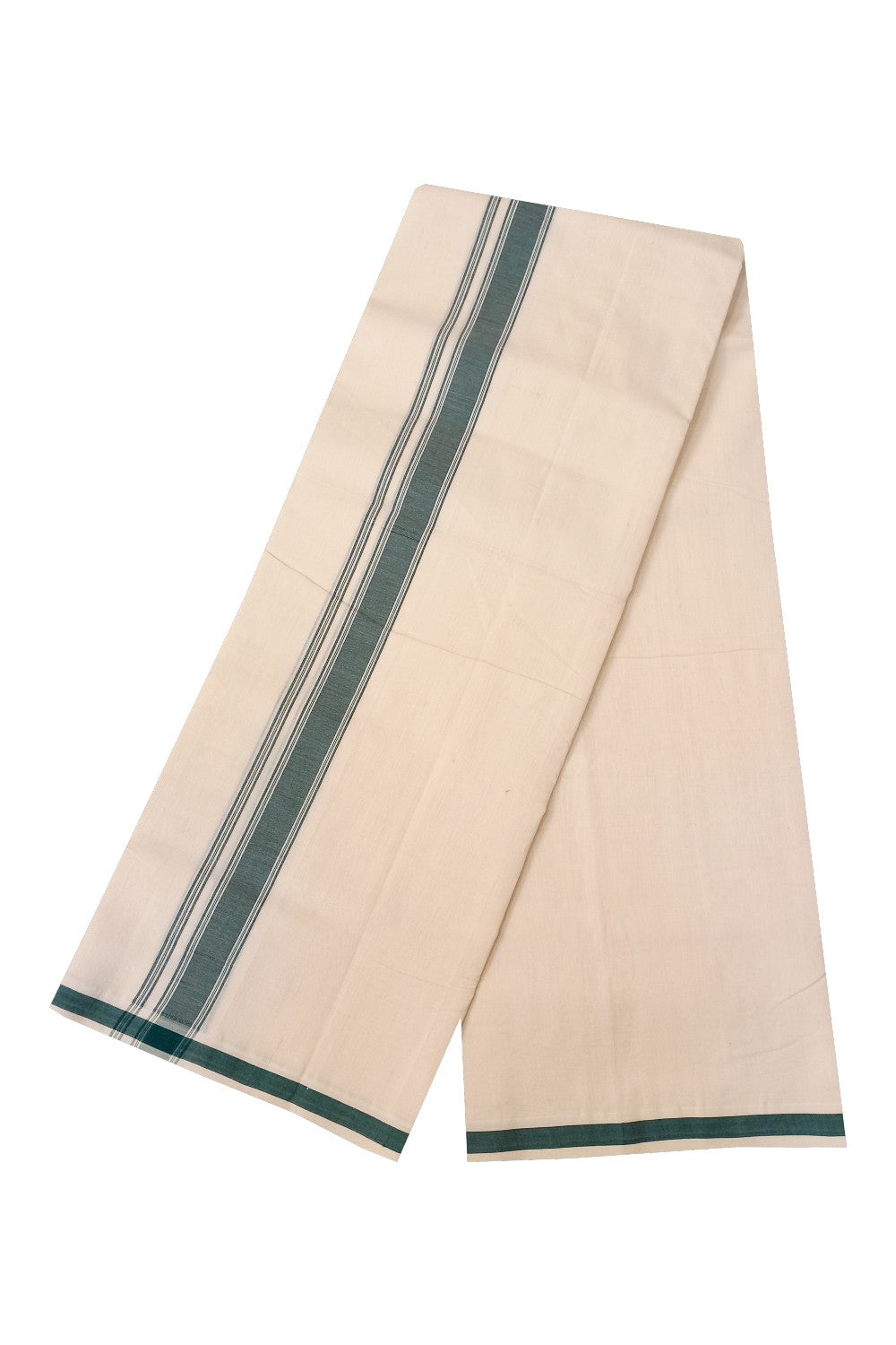 21% Discount KaithariKada HANDLOOM Unakkupaav Balaramapuram - 100% PURE Cotton Double Mundu/Dhoti -2.inch Dark Green with stripes & Solid kara-166