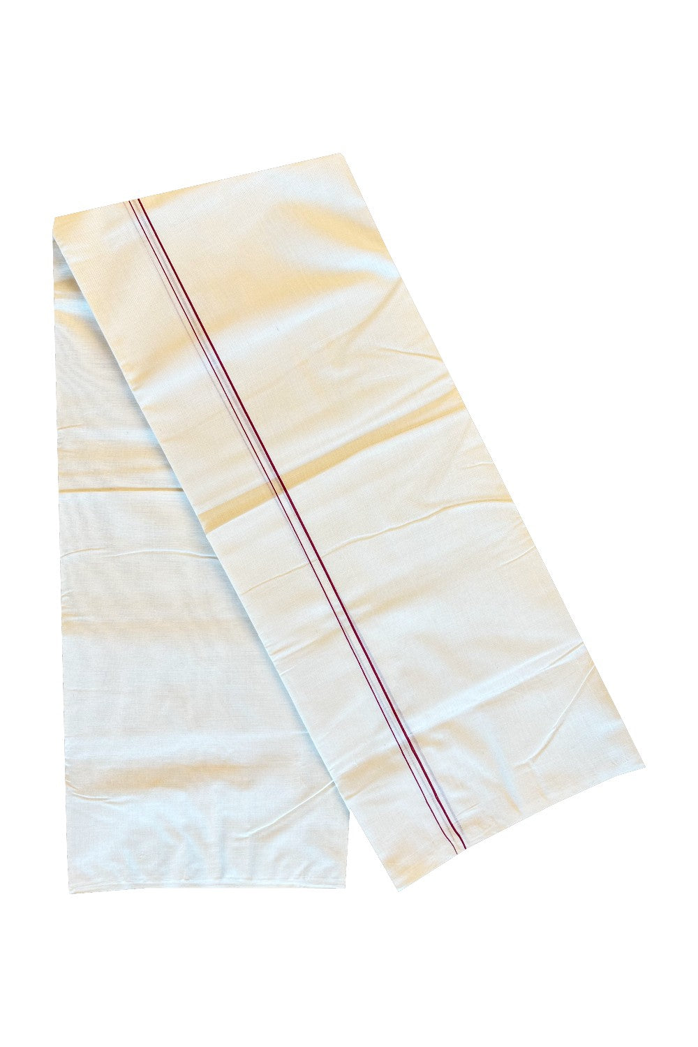 37% DISCOUNT! KaithariKada HANDLOOM Millpaav Balaramapuram - 100% PURE Cotton Off White (Unbleached) Double Mundu/Dhoti - 1cm Maroon Kara-178