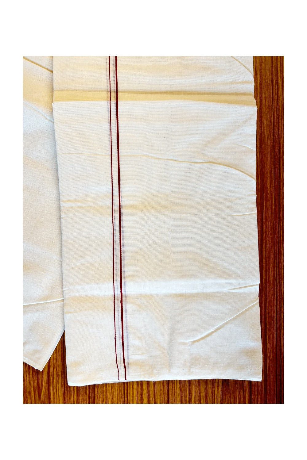 37% DISCOUNT! KaithariKada HANDLOOM Millpaav Balaramapuram - 100% PURE Cotton Off White (Unbleached) Double Mundu/Dhoti - 1cm Maroon Kara-178