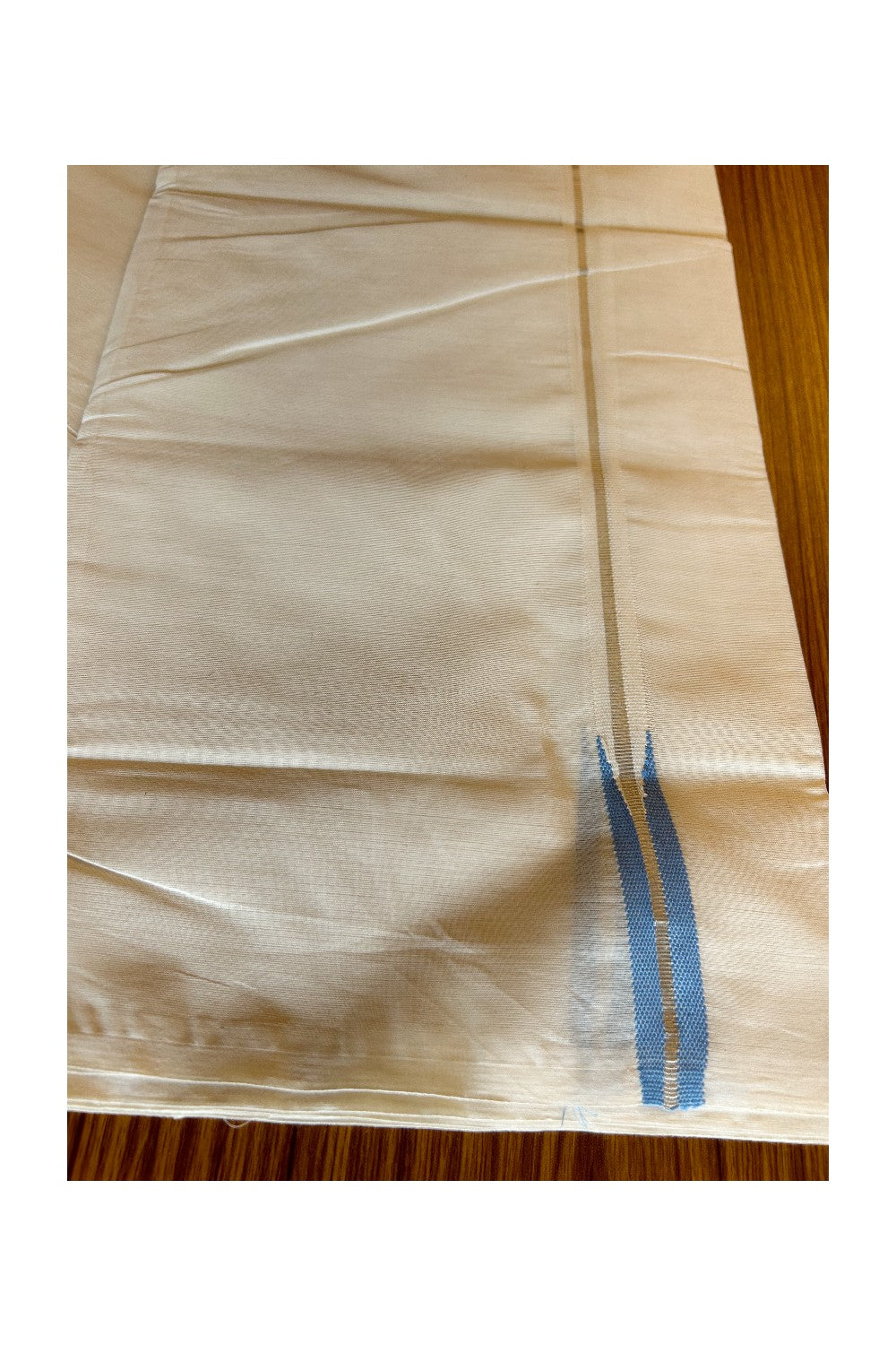 18% Discount KaithariKada Balaramapuram 100% Cotton Double  Mundu/Dhoti-100x100  1.5cm Silver Kasavu & Sky Blue Chutty Kara-185