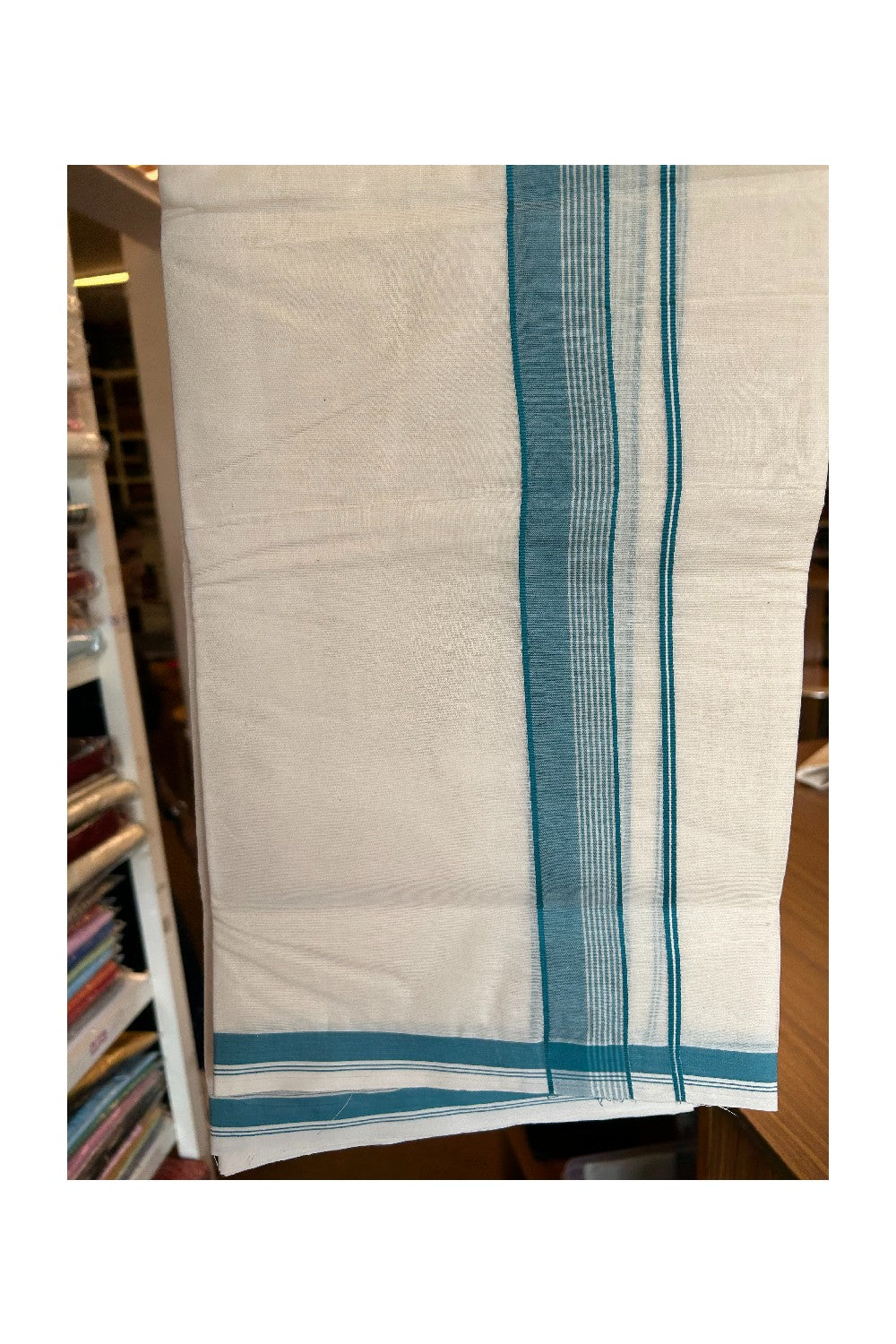 3% Discount KaithariKada Balaramapuram 100% Cotton Off White Double - (Unbleached) - Mundu/Dhoti - 100x100 - 2 inch Military Green Stripes Kara - 204