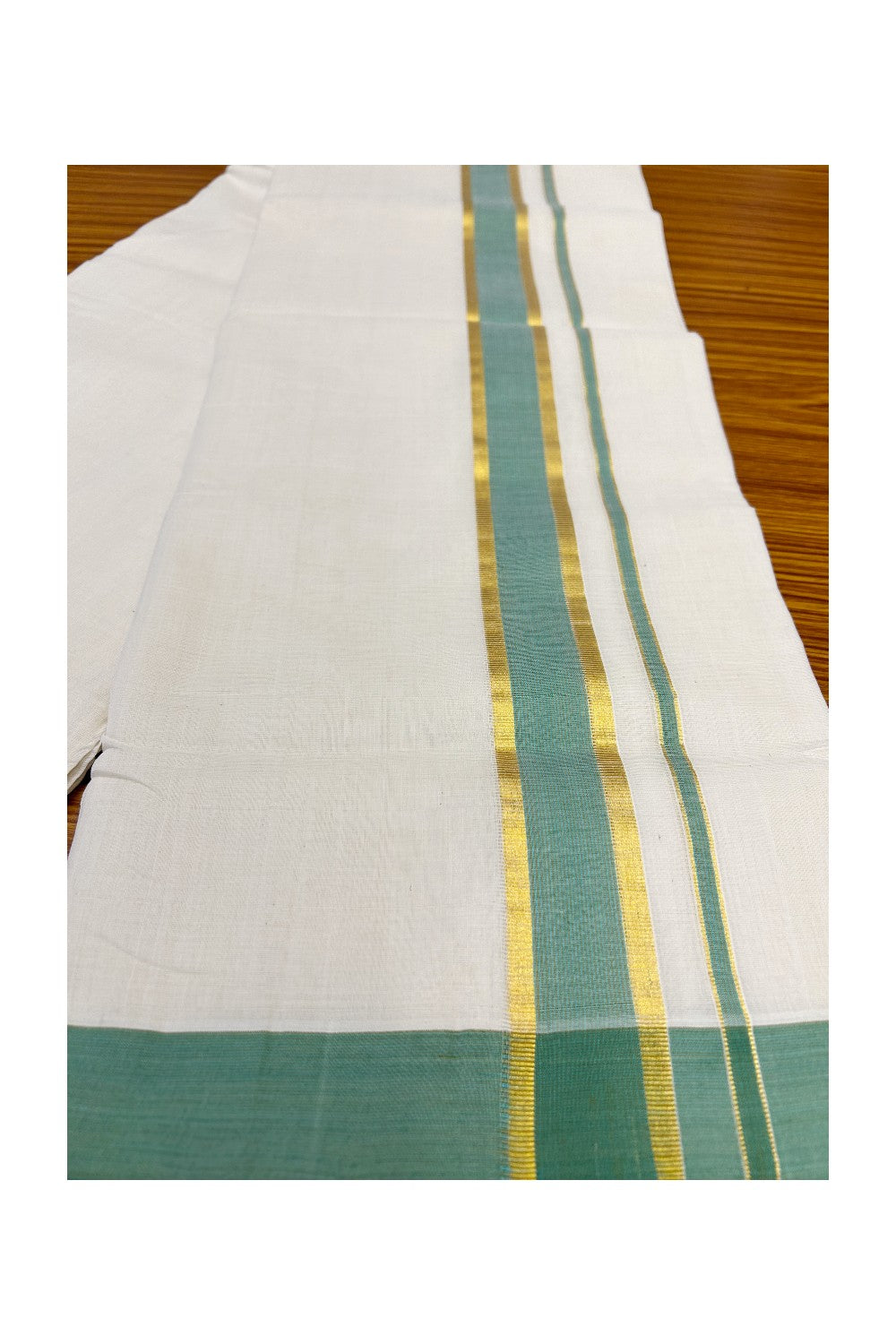 21% Discount KaithariKada HANDLOOM Unakkupaav Balaramapuram - 100% PURE Cotton Off White (Unbleached) Double Mundu/Dhoti - 2.5 inch Kasavu & Blue Green Stripes-212