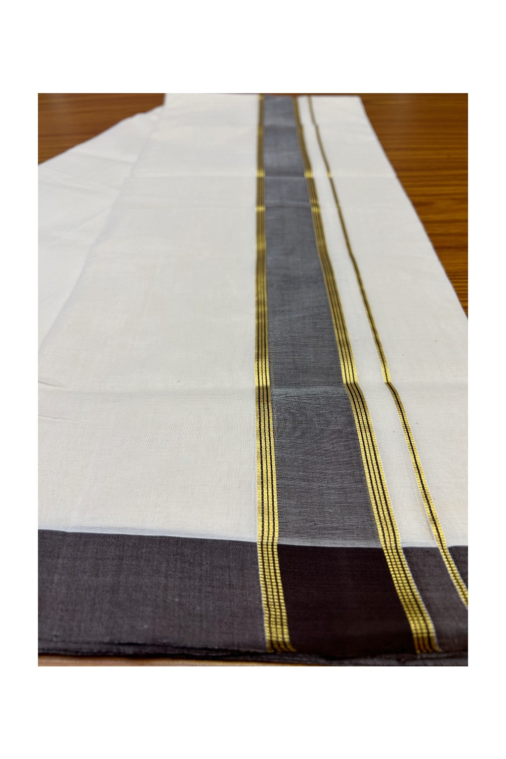 21% Discount KaithariKada HANDLOOM Unakkupaav Balaramapuram - 100% PURE Cotton Off White (Unbleached) Double Mundu/Dhoti - 2.75 inch Kasavu & Black Brown  Thick Kara-219