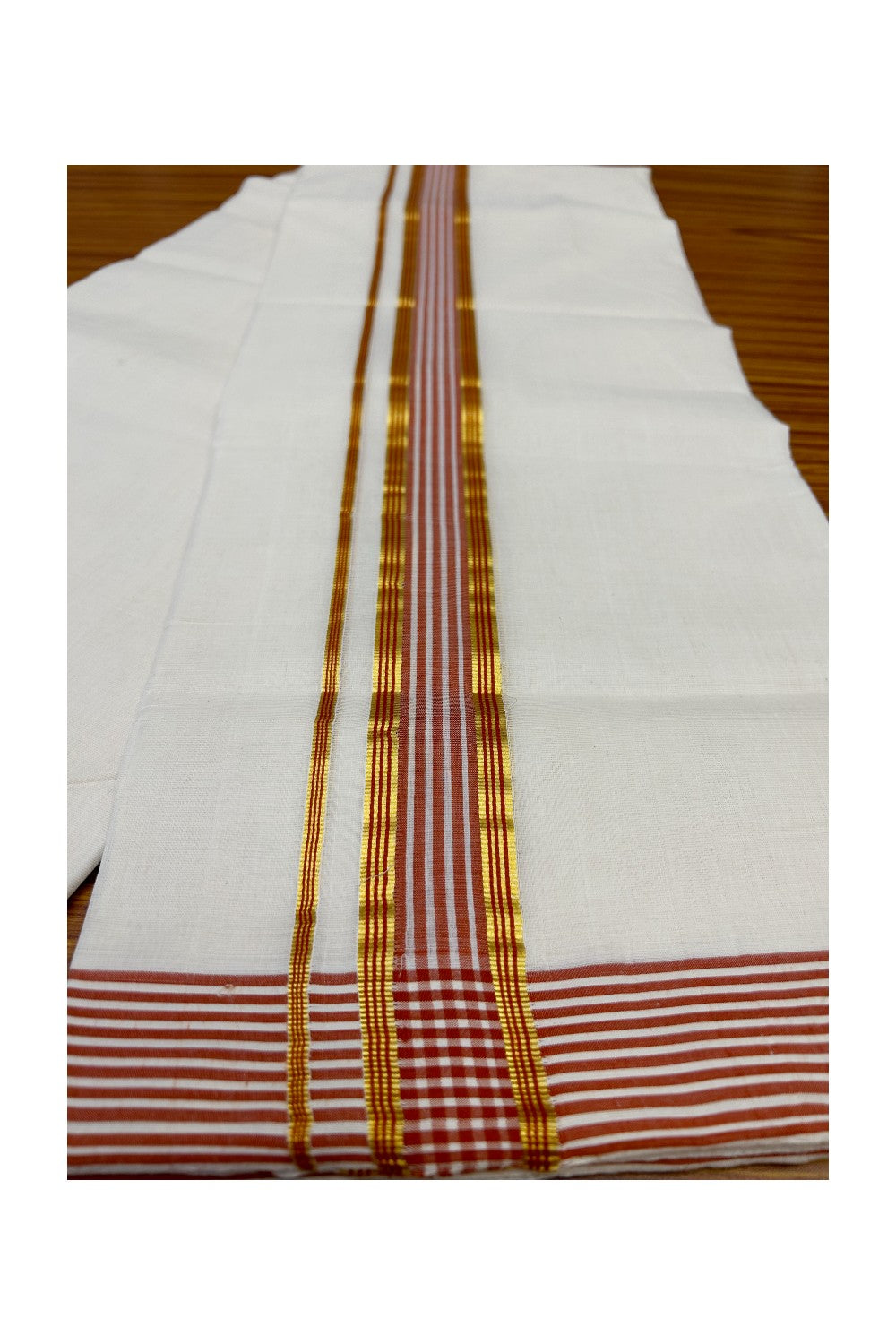 21% Discount KaithariKada HANDLOOM Unakkupaav Balaramapuram - 100% PURE Cotton Off White (Unbleached) Double Mundu/Dhoti - 2.25 inch Kasavu & Brick Red Stripes-220