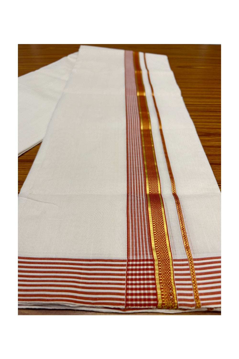 21% Discount KaithariKada HANDLOOM Unakkupaav Balaramapuram - 100% PURE Cotton Off White (Unbleached) Double Mundu/Dhoti - 2.25 inch  Kasavu & Brick Red Stripes Designer Kara-221