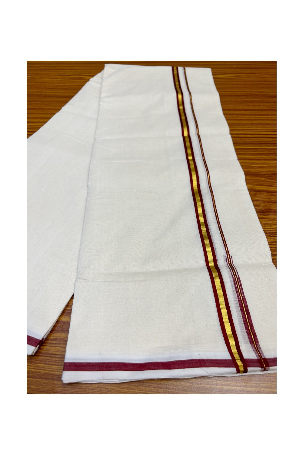 21% Discount KaithariKada HANDLOOM UNAKKUPAAV Balaramapuram - 100% PURE Cotton Double Mundu/Dhoti - 1.5cm  Maroon Strip & Kasavu-90