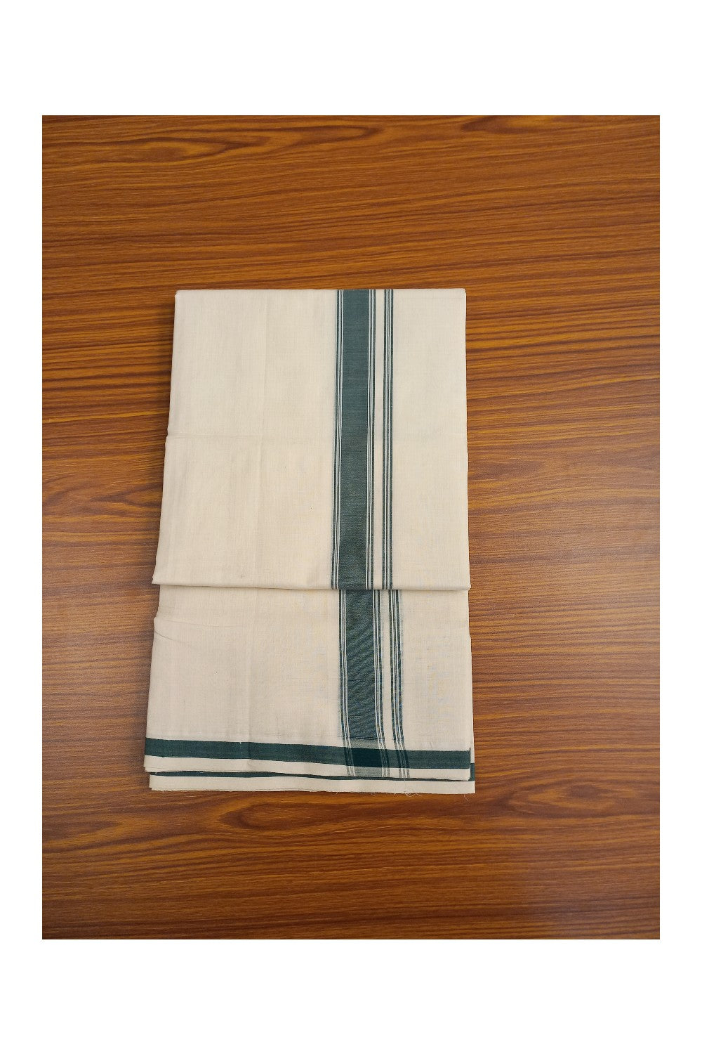 21% Discount KaithariKada HANDLOOM Unakkupaav Balaramapuram - 100% PURE Cotton Double Mundu/Dhoti -2.inch Dark Green with stripes & Solid kara-166