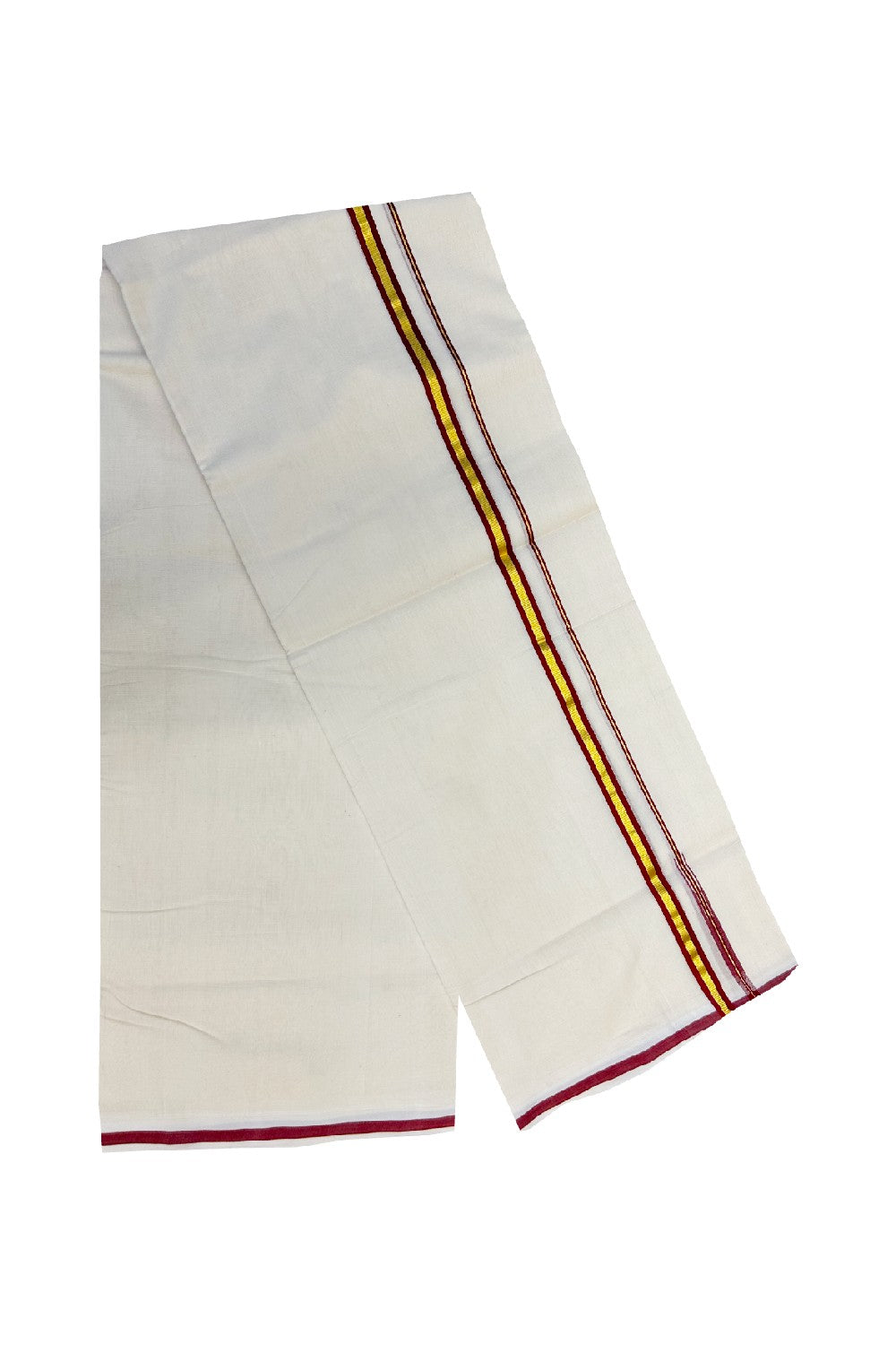 21% Discount KaithariKada HANDLOOM UNAKKUPAAV Balaramapuram - 100% PURE Cotton Double Mundu/Dhoti - 1.5cm  Maroon Strip & Kasavu-90