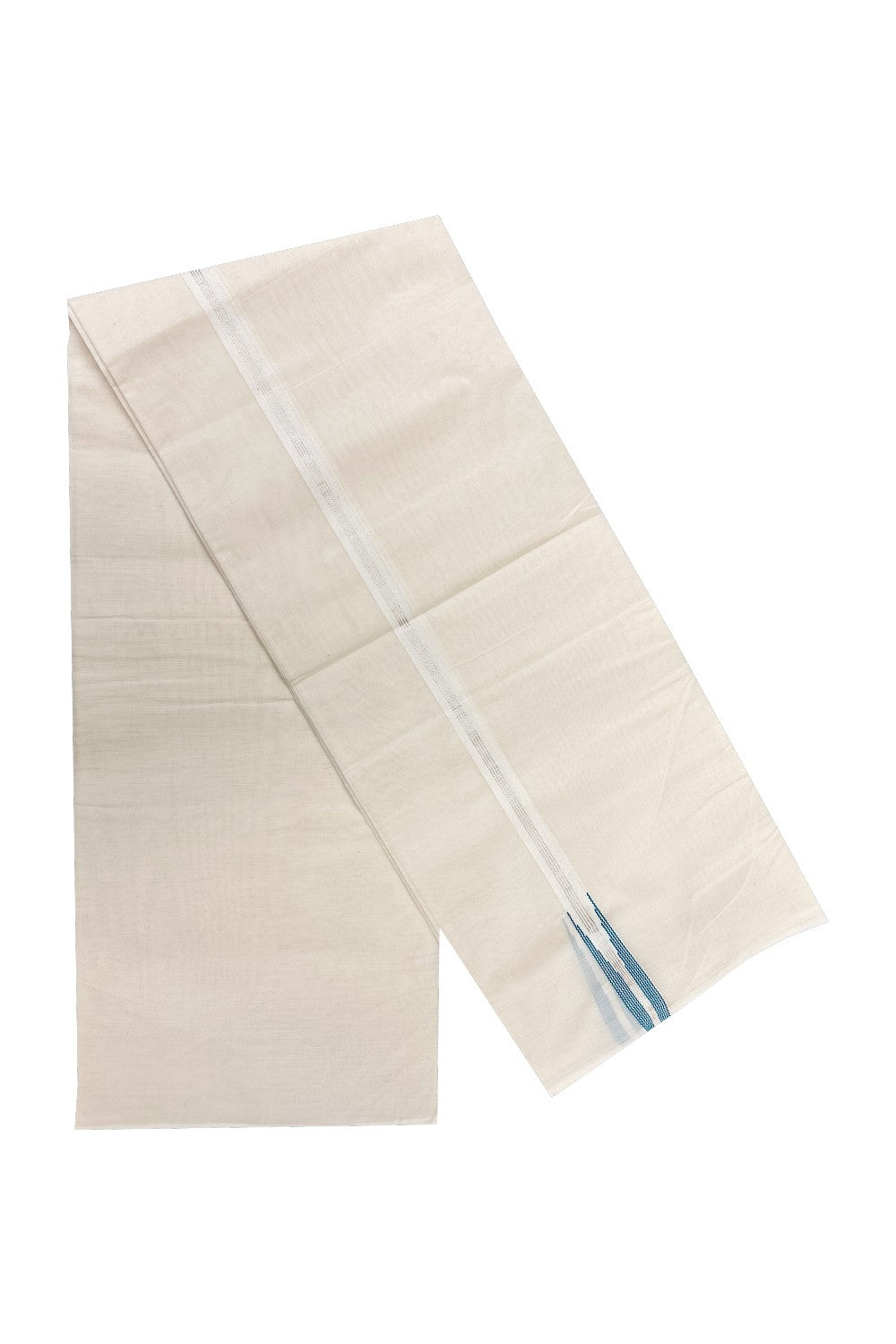 19% Discount KaithariKada Balaramapuram 100% Cotton Double  Mundu/Dhoti-100x100  2 cm Puliyilakkara Chutty Silver Kasavu & Peacock Blue Kara-5