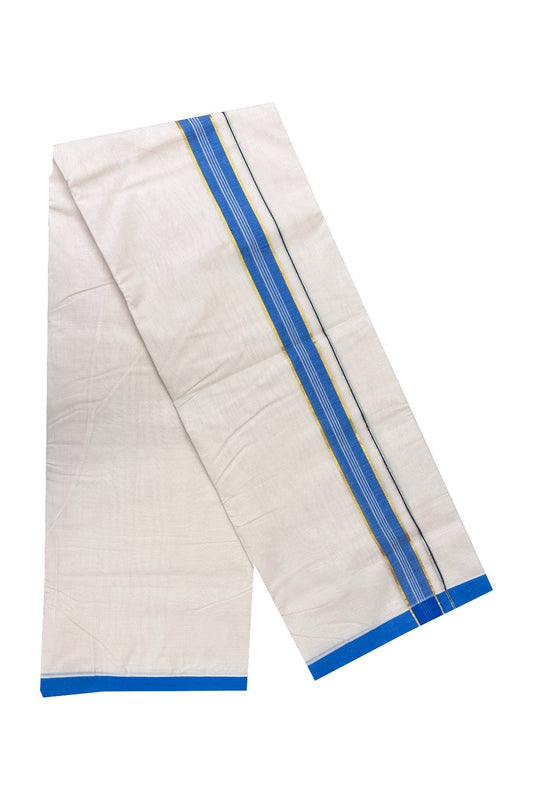 2% Discount KaithariKada Balaramapuram 100% Cotton Double Off white Mundu/Dhoti-100x100 - 2 inch Kasavu & Electric Blue Kara- 119