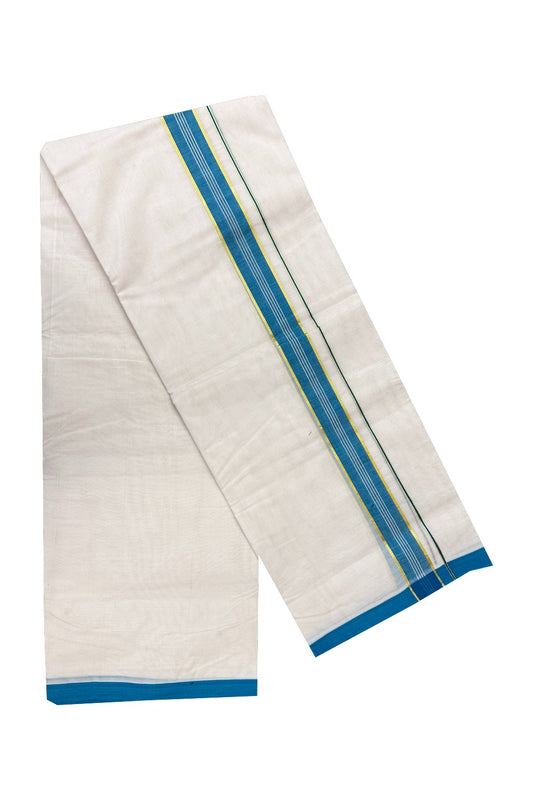 2% Discount KaithariKada Balaramapuram 100% Cotton Double Off white Mundu/Dhoti-100x100 - 2 inch Kasavu & Green Blue Kara-121